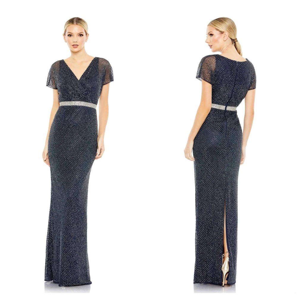 Mac Duggal Glitter Accented Fully Embellished V-neck Column Dress 93678 Dress